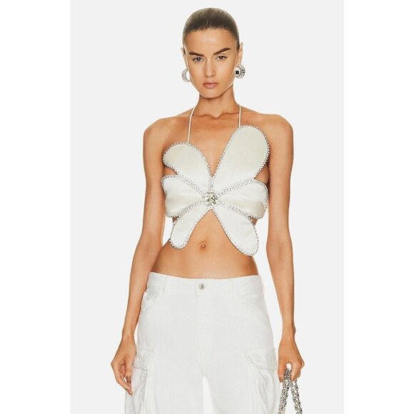 AREA Tops - AREA Crystal Mussel Flower Top in Off White 4 New Womens Cropped Crystal Tank